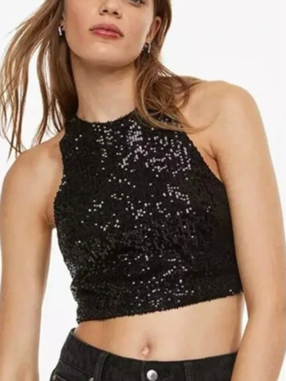 H&M Black Sequin Crop Top, Sleeveless, M